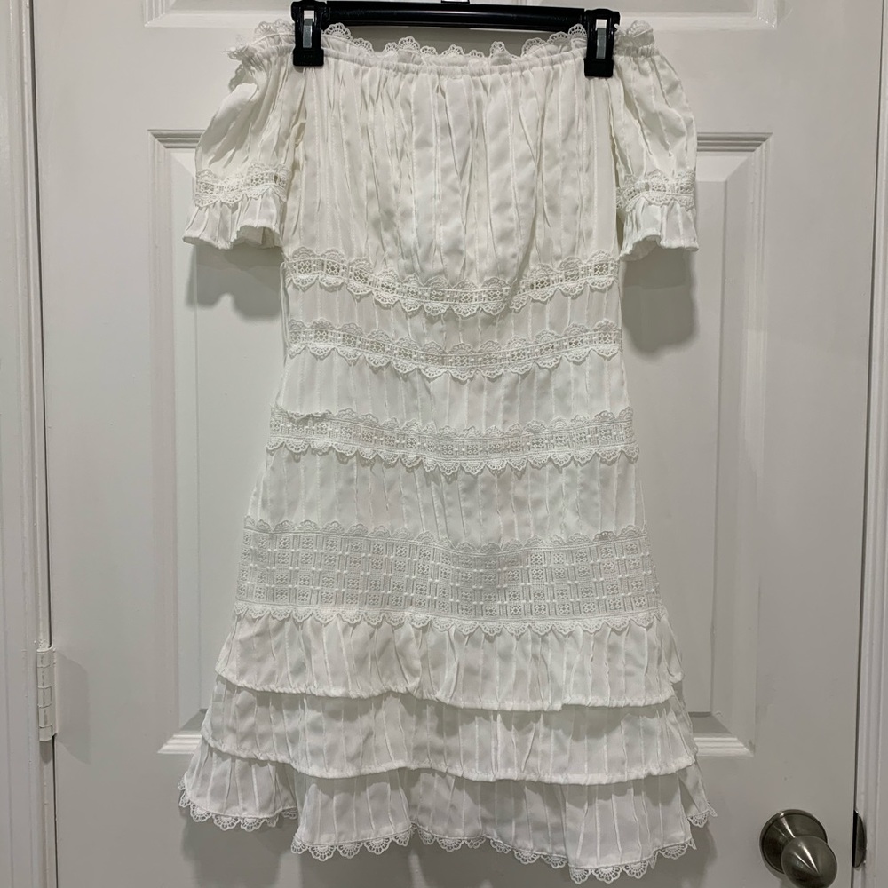 PaolaPoggi White Ruffle Off-Shoulder Dress